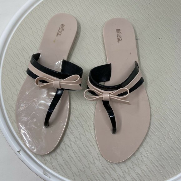 Melissa Shoes Jelly Sandals Flip Flops 10 Bow Vegan Plastic Pink Black Brazil - Picture 3 of 12